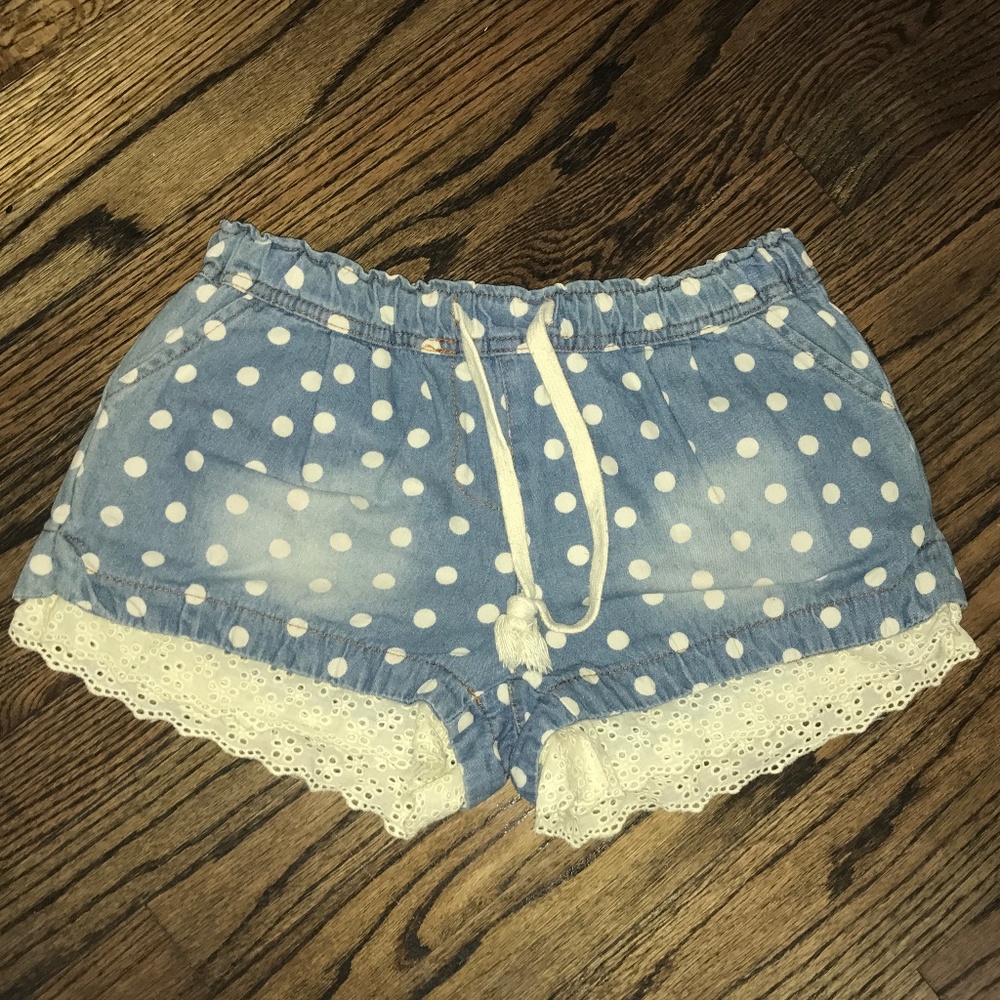 Blue and white polka dot jean shorts